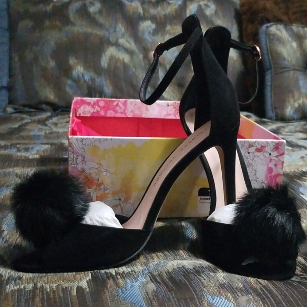 CL Black Suede Faux Fur Peep Toe High Heel